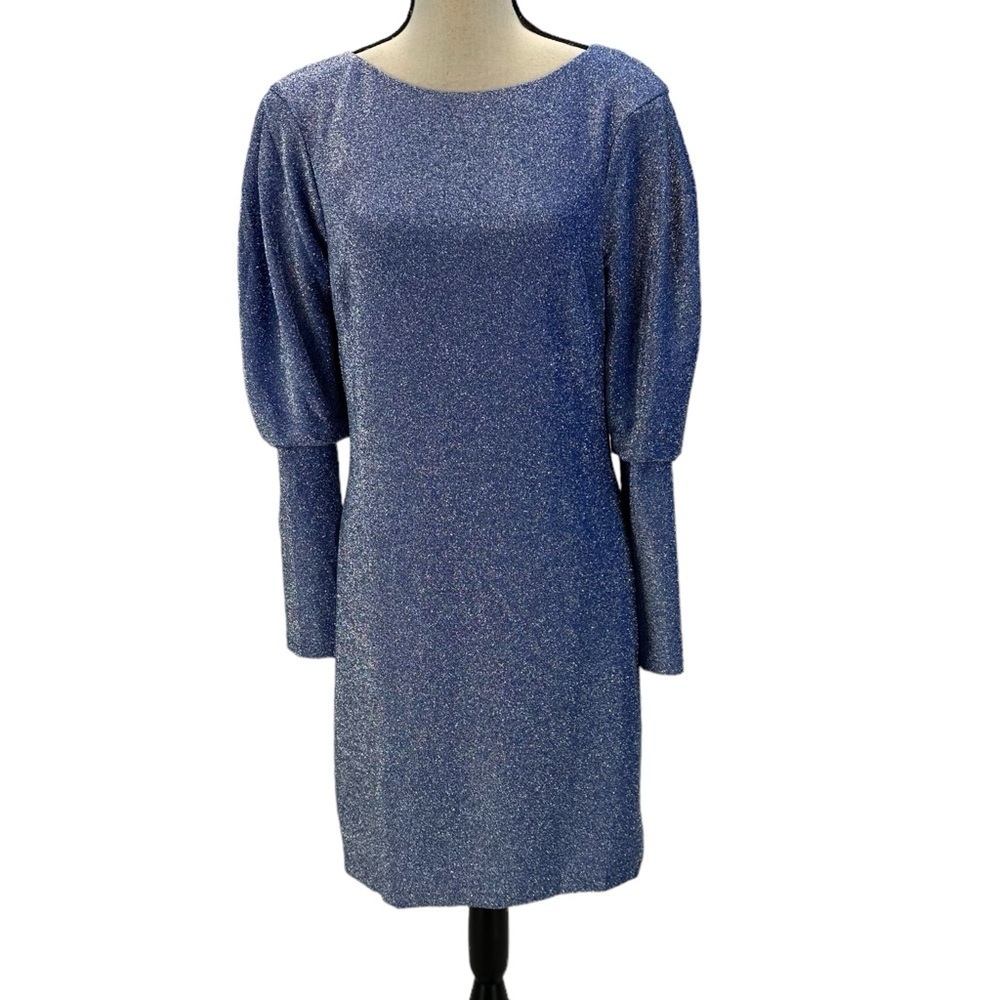 Aidan Mattox Long Puff Sleeve Boat Neck Glitter Midi Dress - Blue - size 12